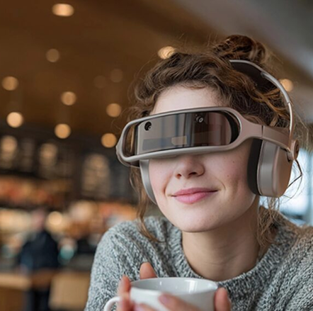 The smart headphones have a built-in screen that hides when you don't want to use it.